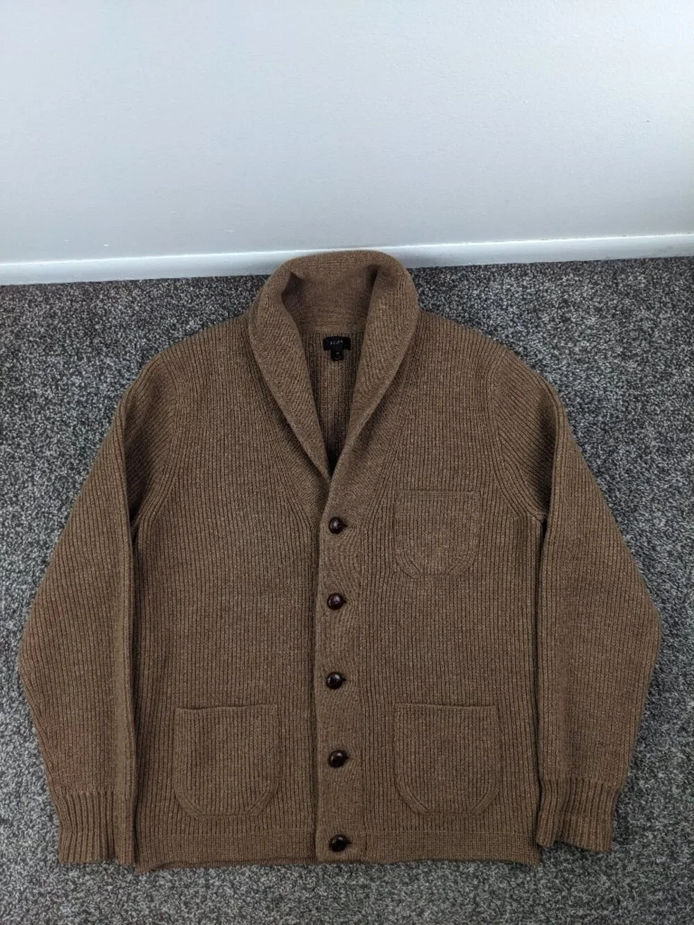 J Crew Sweater Thick Lambswool Shawl Cardigan Rib Knit Brown Mens Medium